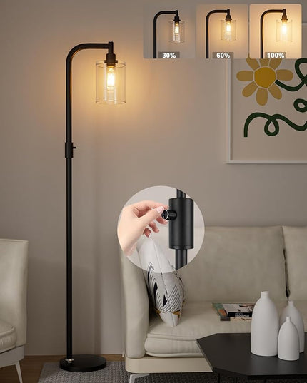 Lightdot 63IN Dimmable Industrial Floor Lamp, Black Modern Standing Lamps with Clear Glass Lampshade, E26 LED Bulb Included, Farmhouse Floor Lamp for Living Room Bedroom - LeafyLoom