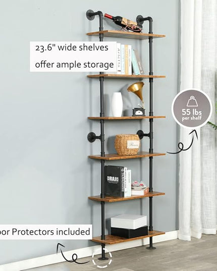Industrial Pipe Shelving, 6-Tier Pipe Shelves Ladder Shelf, Modern Bookcase Wall Mount Bookshelf with Metal Frame, Book Shelves Wall Decor Wood Shelves for Home, Living Room, Office(23.6x9.8x78.8) - LeafyLoom
