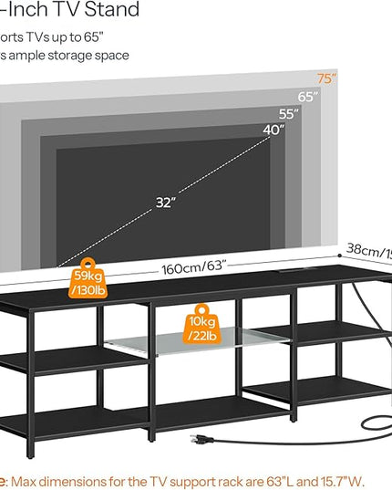 HOOBRO LED TV Stand for 75 Inch TVs with Charging Station, Gaming Entertainment Center with 3-Tier Open Storage, Long 63” Media TV Console Table, TV Stand for Living Room, Bedroom, Black BB21UDDS01 - LeafyLoom
