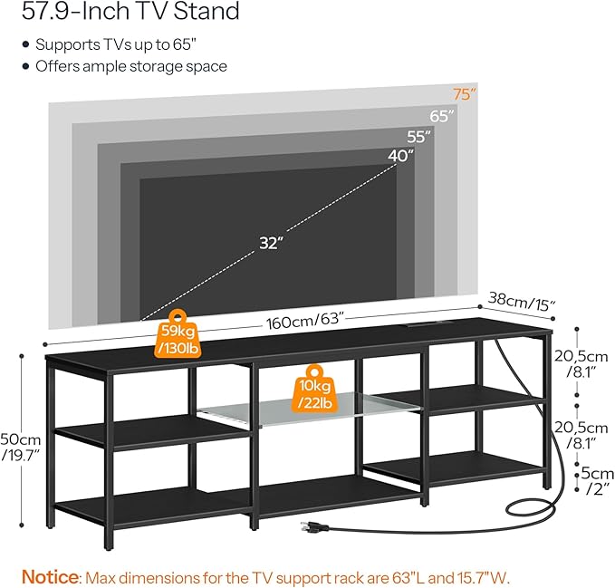HOOBRO LED TV Stand for 75 Inch TVs with Charging Station, Gaming Entertainment Center with 3-Tier Open Storage, Long 63” Media TV Console Table, TV Stand for Living Room, Bedroom, Black BB21UDDS01 - LeafyLoom