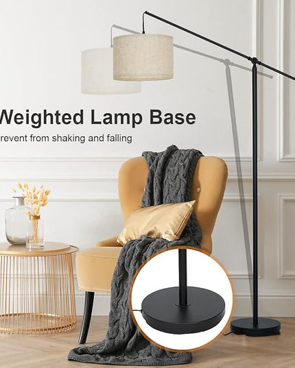 SURAIELEC Arc Floor Lamp, Overhang Cantilever Standing Floor Lamp for Couch, Sofa, Reading, Living Room, Bedroom, Adjustable Balance Arm, Natural Linen Drum Shade, Matt Black Metal Pole, Foot Switch - LeafyLoom