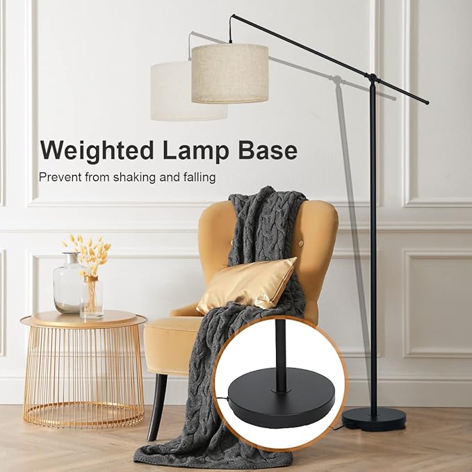 SURAIELEC Arc Floor Lamp, Overhang Cantilever Standing Floor Lamp for Couch, Sofa, Reading, Living Room, Bedroom, Adjustable Balance Arm, Natural Linen Drum Shade, Matt Black Metal Pole, Foot Switch - LeafyLoom