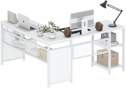 FATORRI L Shaped Computer Desk, Reversible Modern Corner Desk for Home Office, Rustic Wood and Metal Desk with Storage, White Oak (59 Inch) - LeafyLoom