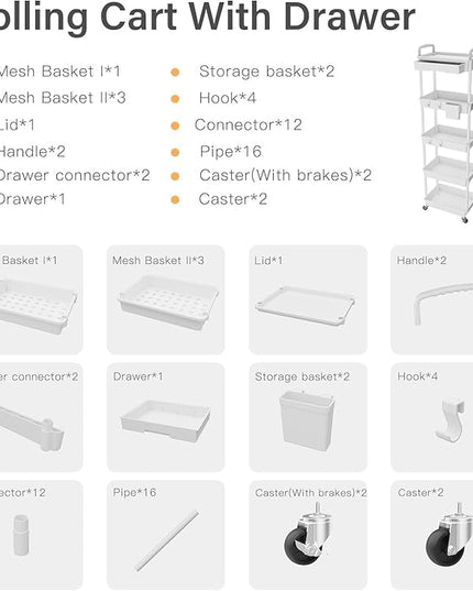 5 Tier Small Rolling Cart Organizer,Bathroom Cart Organizers with Wheels Laundry Room Organization Mobile Shelving Unit Utility Cart Storage Shelves Multi-Functional for Office, Home(White) - LeafyLoom