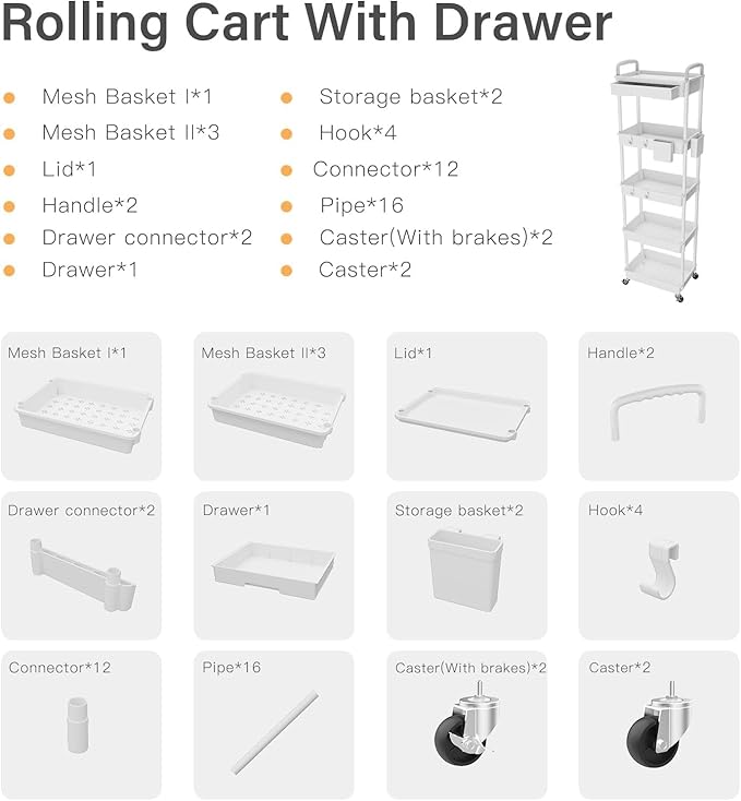 5 Tier Small Rolling Cart Organizer,Bathroom Cart Organizers with Wheels Laundry Room Organization Mobile Shelving Unit Utility Cart Storage Shelves Multi-Functional for Office, Home(White) - LeafyLoom