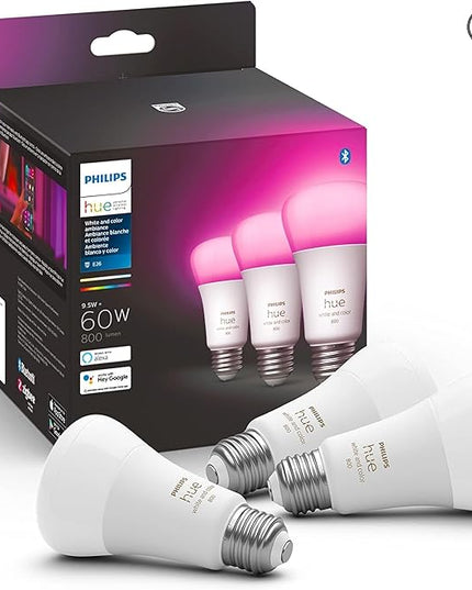 Philips Hue A19 LED Smart Light Bulb - White and Color Ambiance - 60W Indoor Light Bulb - Control with Hue App - Works with Alexa, Google Assistant and Apple Homekit - 3 Pack PhilipsHue