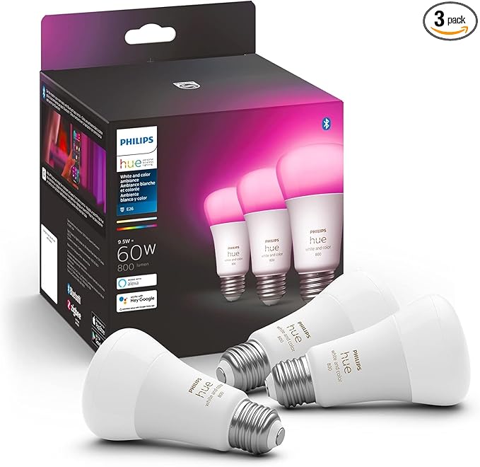 Philips Hue A19 LED Smart Light Bulb - White and Color Ambiance - 60W Indoor Light Bulb - Control with Hue App - Works with Alexa, Google Assistant and Apple Homekit - 3 Pack PhilipsHue