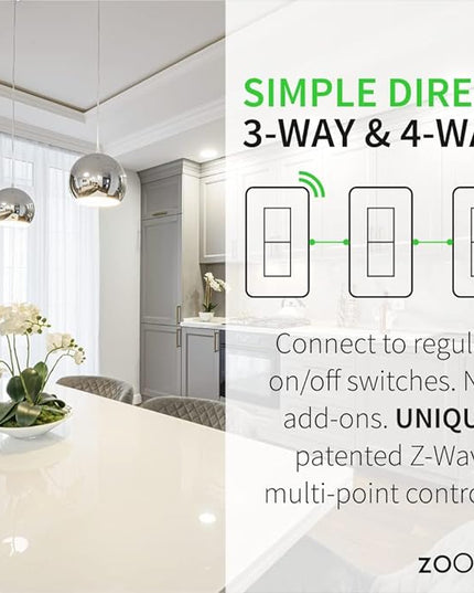 Zooz 700 Series Z-Wave Plus On/Off Toggle Switch ZEN73, White | Direct 3-Way (No Add-On Switch Needed) | Z-Wave Hub Required ZOOZ