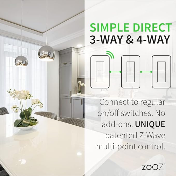 Zooz 700 Series Z-Wave Plus On/Off Toggle Switch ZEN73, White | Direct 3-Way (No Add-On Switch Needed) | Z-Wave Hub Required ZOOZ