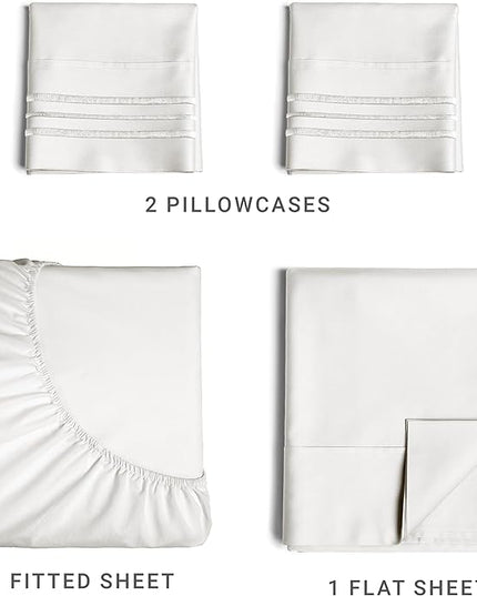 Queen Size 4 Piece Sheet Set - Comfy Breathable & Cooling Sheets - Hotel Luxury Bed Sheets for Women & Men - Deep Pockets, Easy-Fit, Extra Soft & Wrinkle Free - Antique White Oeko-Tex Bed Sheet Set - LeafyLoom