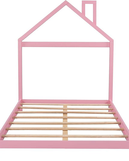 Jintop Full Size Wood Platform Chimney and House-Shaped Headboard,Bedroom Furniture Bed Frame W/ 10 Slat Support,Easy to Install,for Teens Kids Girls Boys,Pink - LeafyLoom