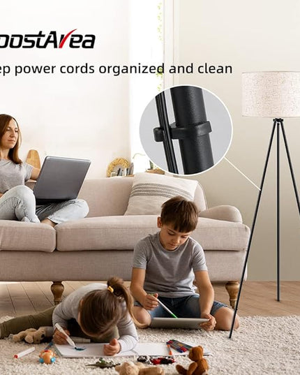 Floor Lamp for Living Room, Tripod Floor Lamp, 15W LED Bulb, 3 Levels Dimmable Brightness, Linen Lamp Shade, Mid Century Standing Lamp for Living Room, Bedroom, Study Room and Office - LeafyLoom