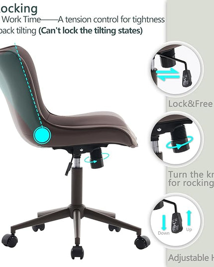 YOUTASTE Dark Brown Office Chair Modern Armless Desk Chair with Wheels Adjustable Swivel Rocking Rolling Computer Study Chairs Faux Leather Sewing Chairs with Back Stylish Vanity Chair - LeafyLoom