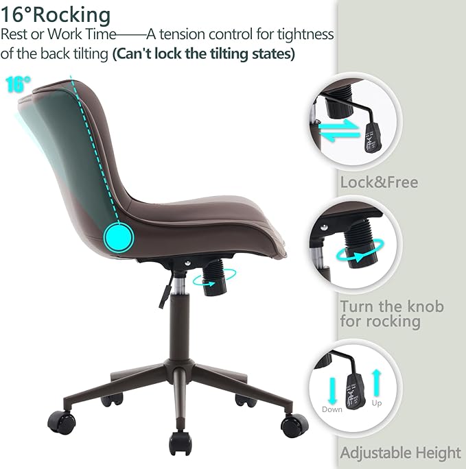 YOUTASTE Dark Brown Office Chair Modern Armless Desk Chair with Wheels Adjustable Swivel Rocking Rolling Computer Study Chairs Faux Leather Sewing Chairs with Back Stylish Vanity Chair - LeafyLoom