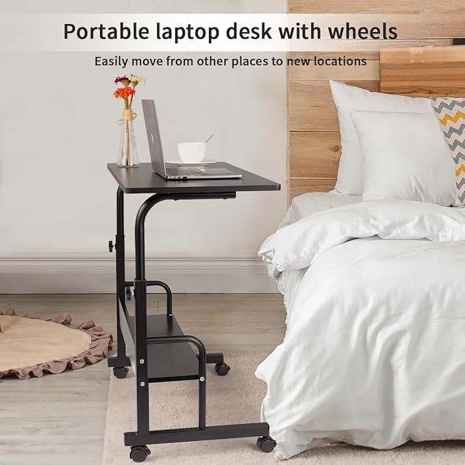 SIDUCAL Rolling Laptop Cart, Portable Laptop Desk, Computer Desk on Wheels Adjustable Height, Mobile Laptop Desk, Rolling Computer Cart, Rolling TV Cart, Small Portable Desk for Laptop, 23.6'' Black - LeafyLoom