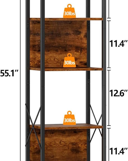 Furologee 5 Tier Bookshelf with Back, Tall Narrow Bookcase, Rustic Standing Shelf Units, Metal and Wood Display Storage Rack Organizer for Bedroom, Living Room, Home Office, Entryway - LeafyLoom