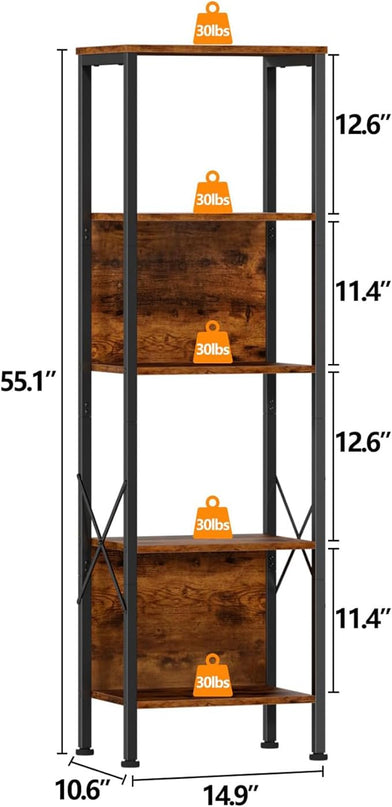 Furologee 5 Tier Bookshelf with Back, Tall Narrow Bookcase, Rustic Standing Shelf Units, Metal and Wood Display Storage Rack Organizer for Bedroom, Living Room, Home Office, Entryway - LeafyLoom