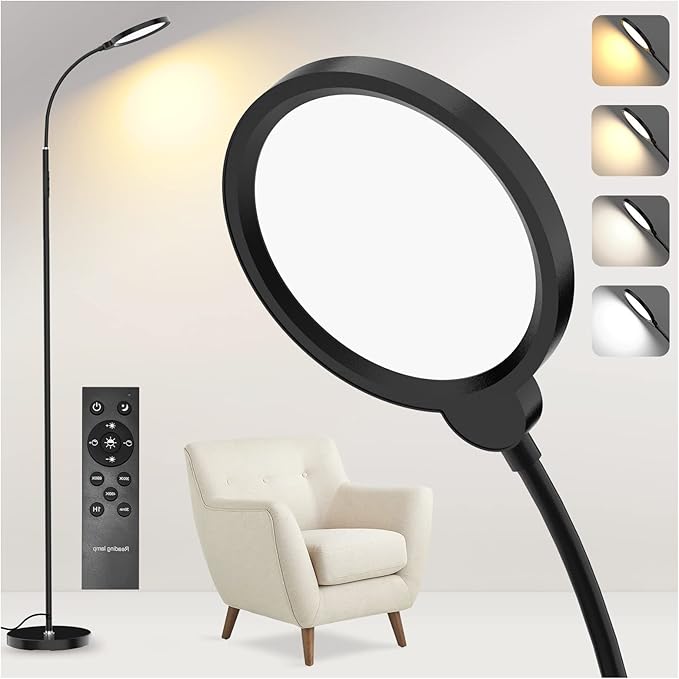 Airand LED Floor Lamp, 12W/1000lm Gooseneck Floor Standing Reading Light with Stepless Adjustable 3000K-6000K Colors and Timer, Remote and Touch Control, Sofa Standing lamp for Room, Bedroom, Office - LeafyLoom