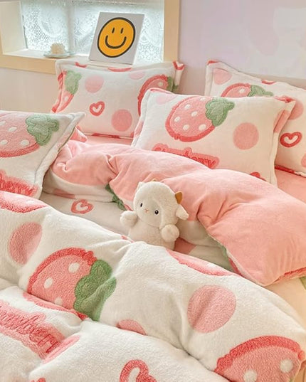 MorroMorn Pink Duvet Cover Queen, Strawberry Bedding Sets, Fluffy Comforter Covers Set, Down Alternative Blanket Ultra Soft Kawaii Cute for Girls Kids Teen Women Full Double Size - LeafyLoom