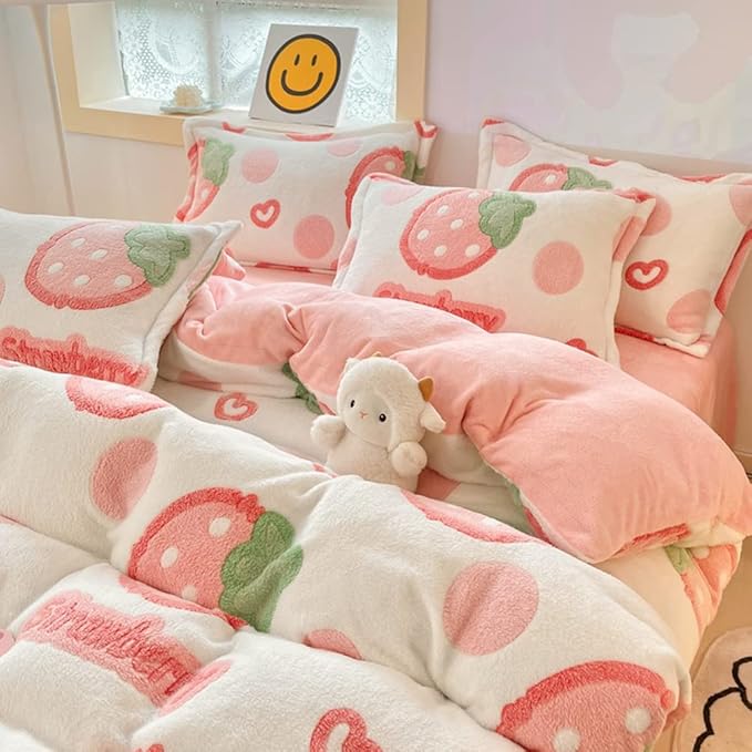 MorroMorn Pink Duvet Cover Queen, Strawberry Bedding Sets, Fluffy Comforter Covers Set, Down Alternative Blanket Ultra Soft Kawaii Cute for Girls Kids Teen Women Full Double Size - LeafyLoom