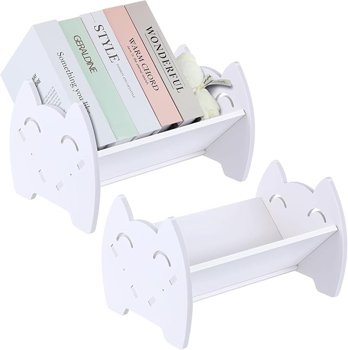 2 Pcs Kids Bookshelf Small Desktop Bookshelf Tilted Bookcase for Kids Room Slanted Tiny Table Top Mini Bookshelf Tabletop Bookshelf for Desk Magazine CD Display Organizer Storage Rack, White - LeafyLoom