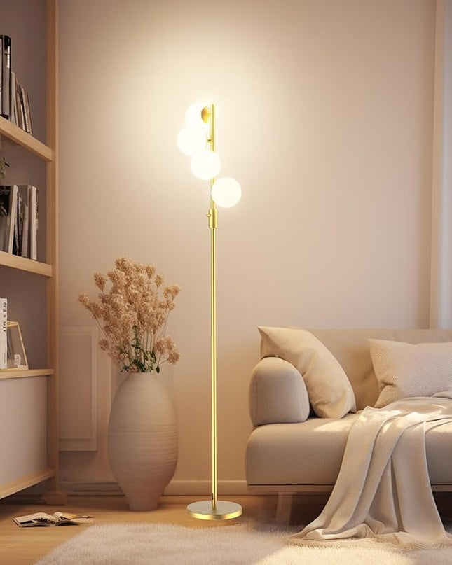 64IN Dimmable Gold Floor Lamp, Tall Standing Lamps with 4 Globe Soft Warm White Eye Care 3000K G9 Bulbs, Mid Century Modern Floor Lamp for Bedroom Office - LeafyLoom