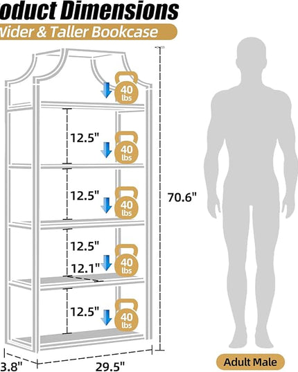 TooCust 5-Tier Gold Bookcase, 29.5" Lx70.6 H, Bookshelf for Bedroom,Gold Book Display Shelf, Arched Bookcase, Organizer Rack for Living Room, Gold Freestanding Display Shelf,White and Gold Bookshelf - LeafyLoom