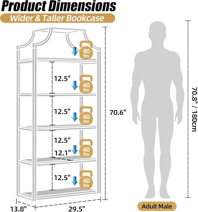 TooCust 5-Tier Gold Bookcase, 29.5" Lx70.6 H, Bookshelf for Bedroom,Gold Book Display Shelf, Arched Bookcase, Organizer Rack for Living Room, Gold Freestanding Display Shelf,White and Gold Bookshelf - LeafyLoom