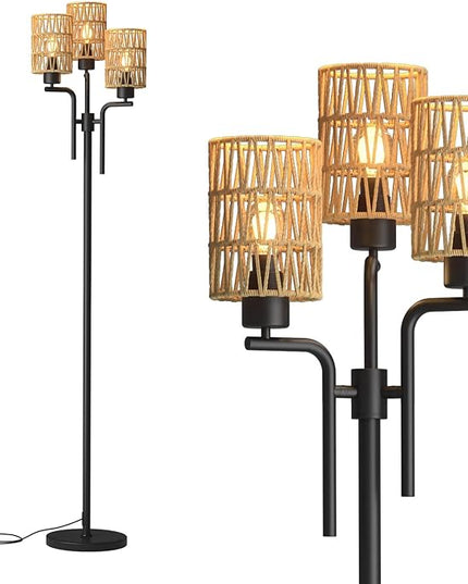 Rattan Floor Lamp, Boho Style Standing Lamp with Foot Switch, 3 Head E26 Universal Sockets, Metal Standing Floor Lamp for Living Room, Bedroom (Bulb Not Included) - LeafyLoom