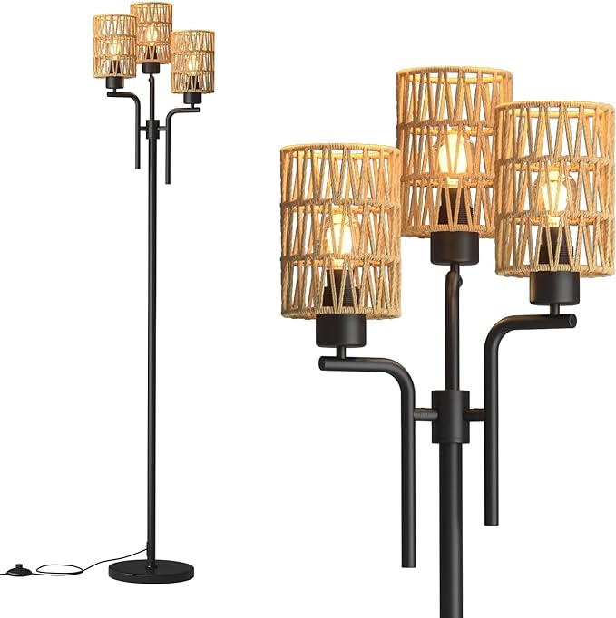 Rattan Floor Lamp, Boho Style Standing Lamp with Foot Switch, 3 Head E26 Universal Sockets, Metal Standing Floor Lamp for Living Room, Bedroom (Bulb Not Included) - LeafyLoom