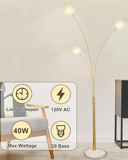DLLT Floor Lamps for Living Room, 3-Light Gold Arc Standing Lamp, 86.6" Modern Tall Tree Floor Lamp with Adjustable Arms, Multi-Head LED Floor Lamps for Bedroom, Study, Office, G9 Bulbs Included - LeafyLoom