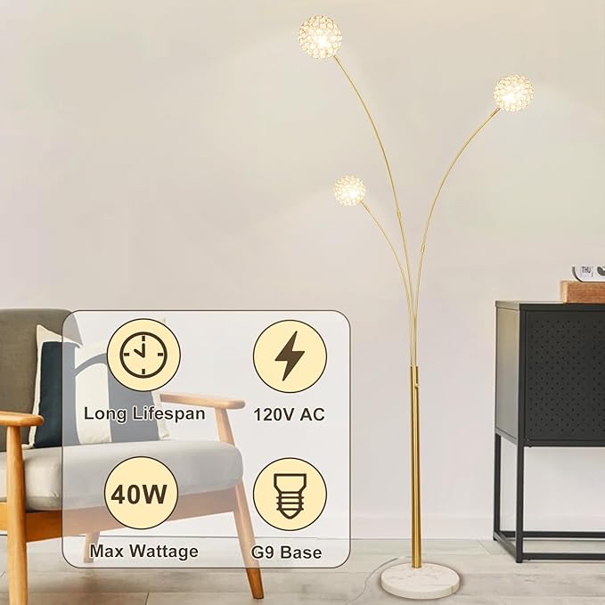 DLLT Floor Lamps for Living Room, 3-Light Gold Arc Standing Lamp, 86.6" Modern Tall Tree Floor Lamp with Adjustable Arms, Multi-Head LED Floor Lamps for Bedroom, Study, Office, G9 Bulbs Included - LeafyLoom