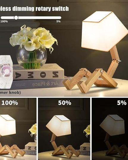 ELINKUME Cute Robot Desk Lamp,Dimmable Bedside Table Lamps,Square Lampshade Night Light with Foldable Solid Wood Body,Fun Kids Lamp, Nightstand lamp for Bedroom,Study,Office,Living room(Gift) - LeafyLoom