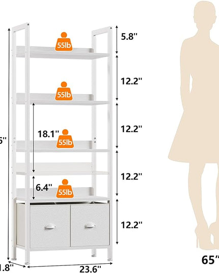 Furologee 5 Tier Bookshelf with Drawers, White Tall Bookcase with Shelves, Wood and Metal Book Shelf Storage Organizer, Modern Display Free Standing Shelf Unit for Bedroom, Living Room, Office - LeafyLoom