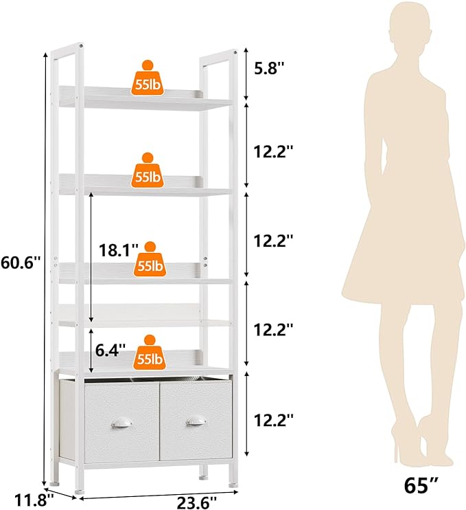 Furologee 5 Tier Bookshelf with Drawers, White Tall Bookcase with Shelves, Wood and Metal Book Shelf Storage Organizer, Modern Display Free Standing Shelf Unit for Bedroom, Living Room, Office - LeafyLoom