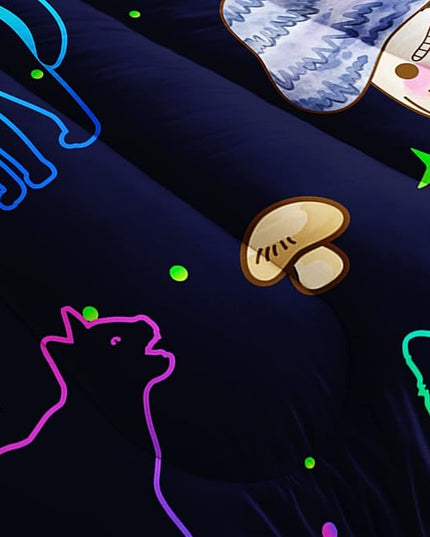 Mushroom Kawaii Cat Comforter Set Queen Size Kids Mushroom Bedding Set Star Theme Quilt Bed Set for Boys Girls Adults with 1 Comforter and 2 Pillowcases - LeafyLoom