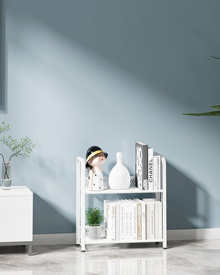Bookshelf Storage Shelf Bookcase Freestanding Storage Stand Book Organizer for Living Room, Bedroom, Kitchen, Rust Resistance,Easy Assembly Multi-Functional Organizer (2 Tiers White) - LeafyLoom
