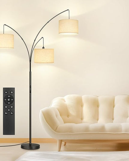 OUTON Arc LED Floor Lamp with Remote & Touch Control, Dimmable Modern Black 3 Light Arched Tall Floor Lamp, Mid Century Adjustable Standing Corner Lamps for Bedroom, Office, Living Room - LeafyLoom