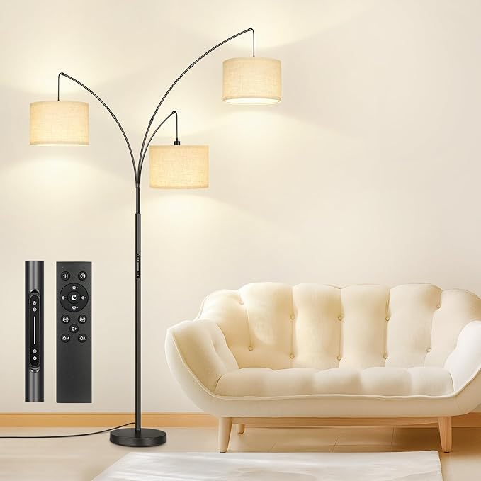 OUTON Arc LED Floor Lamp with Remote & Touch Control, Dimmable Modern Black 3 Light Arched Tall Floor Lamp, Mid Century Adjustable Standing Corner Lamps for Bedroom, Office, Living Room - LeafyLoom