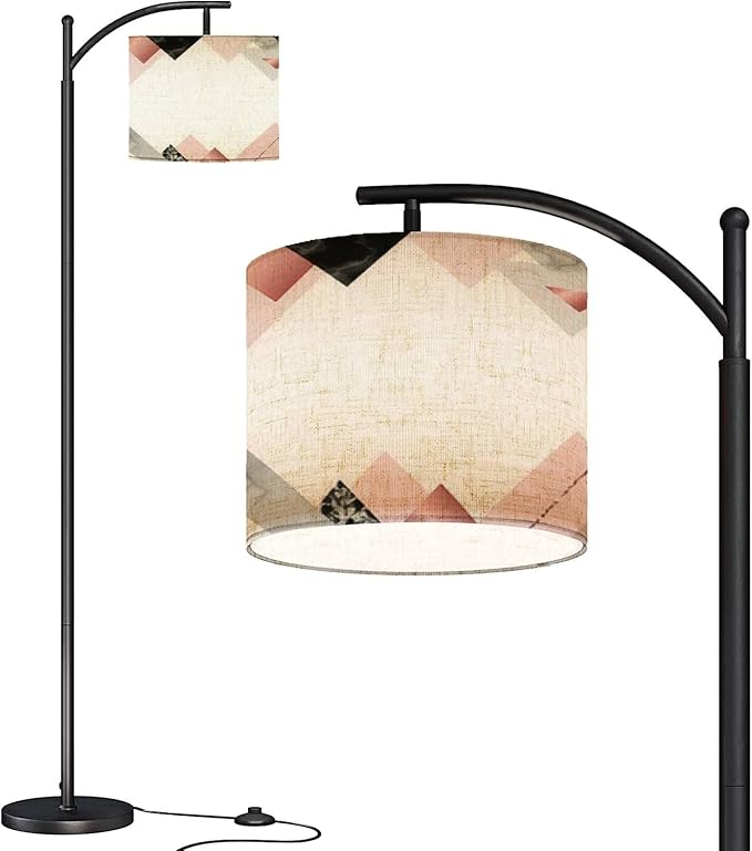 Modern Arc Floor Lamp with Dimmer Mid Century Marble Rose Trendy Minimalist Geometric Style Stone foil Glitter Metal Standing Lamp with Linen Shade Footswitch for Living Room Bedroom Office - LeafyLoom