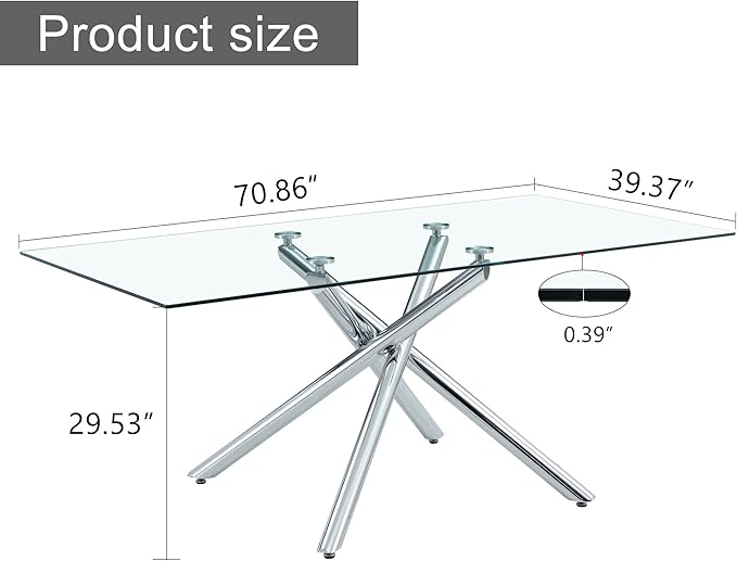 NicBex Large Modern Minimalist Rectangular Glass Dining Table for 6-8 with 0.39" Tempered Glass Tabletop and Silver Chrome Metal Legs for Kitchen Dining Living Meeting Room Banquet Hall, Silver - LeafyLoom