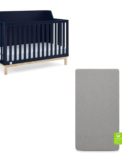 babyGap by Delta Children Oxford 6-in-1 Convertible Crib TrueSleep 2-Stage Deluxe Crib and Toddler Mattress (Bundle), Navy/Natural - LeafyLoom
