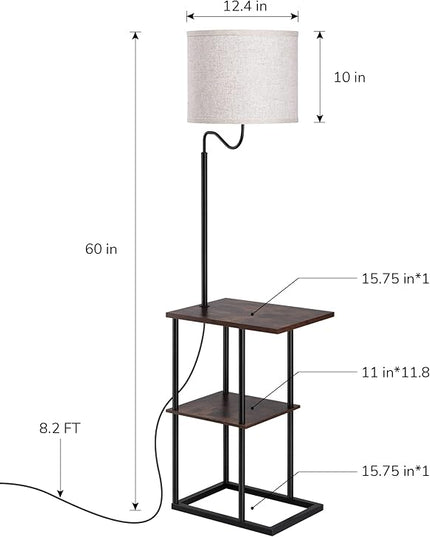EDISHINE Floor Lamp with Table, Bedside End Table with Lamp, Reading Shelf Floor Lamp with Linen Shade, Narrow Nightstand with Shelves for Living Room, Bedroom, Office, Den, 60" - LeafyLoom