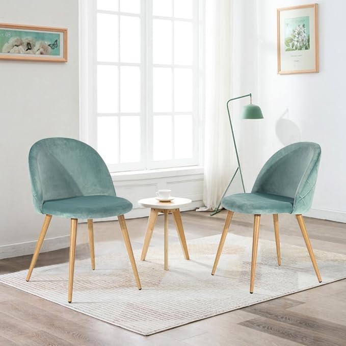 FurnitureR Upholstered Velvet Dining Chair Mid Back Armless with Wood Legs for Home Kitchen Bedroom Living Room, Set of 2, Aqua - LeafyLoom