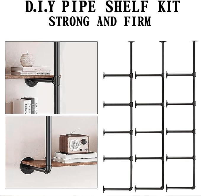HITOMEN Industrial Iron Pipe Shelves, 3 Set 5-Tier, 70" Tall, 12" Depth, DIY Open Bookshelf Bookcase, Wall Mounted Vintage Retro Shelving, Rustic Farmhouse Pantry Kitchen Storage, Black Shelf Brackets - LeafyLoom