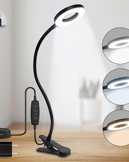 LQWELL® LED Desk Lamp Clip-on Ring Reading Light, 3 Color Temperatures, 10 Brightness Levels & Stepless Dimming, 360° Flexible Clamp Table Lights for Home Office (Neck Length 40CM) - LeafyLoom