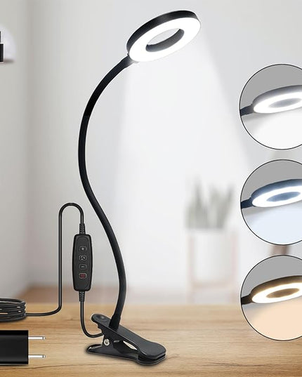 LQWELL® LED Desk Lamp Clip-on Ring Reading Light, 3 Color Temperatures, 10 Brightness Levels & Stepless Dimming, 360° Flexible Clamp Table Lights for Home Office (Neck Length 70CM) - LeafyLoom