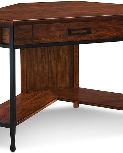 Leick Home 11230 Ironcraft Corner Writing/Computer Rustic Desk with Drawer and Shelf, Mission Oak and Black - LeafyLoom
