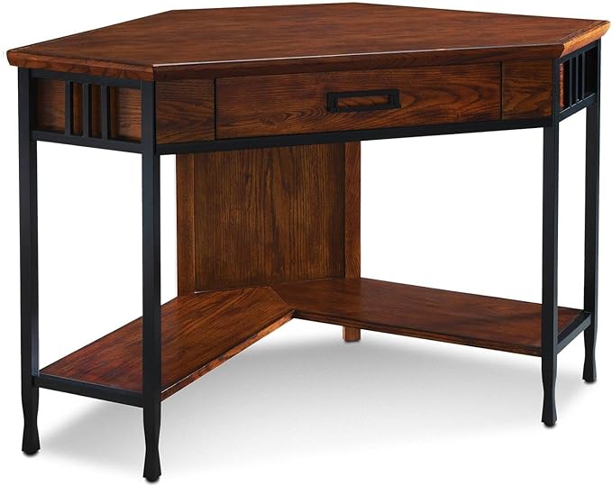 Leick Home 11230 Ironcraft Corner Writing/Computer Rustic Desk with Drawer and Shelf, Mission Oak and Black - LeafyLoom