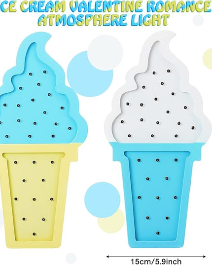 2 Pcs Ice Cream Valentine Romance Atmosphere Light Wooden Ice Cream LED Night Light Ice Cream Theme Valentine Romance Lamps Battery Operated LED Night Lights for Party (White-Blue, Blue-Yellow) - LeafyLoom
